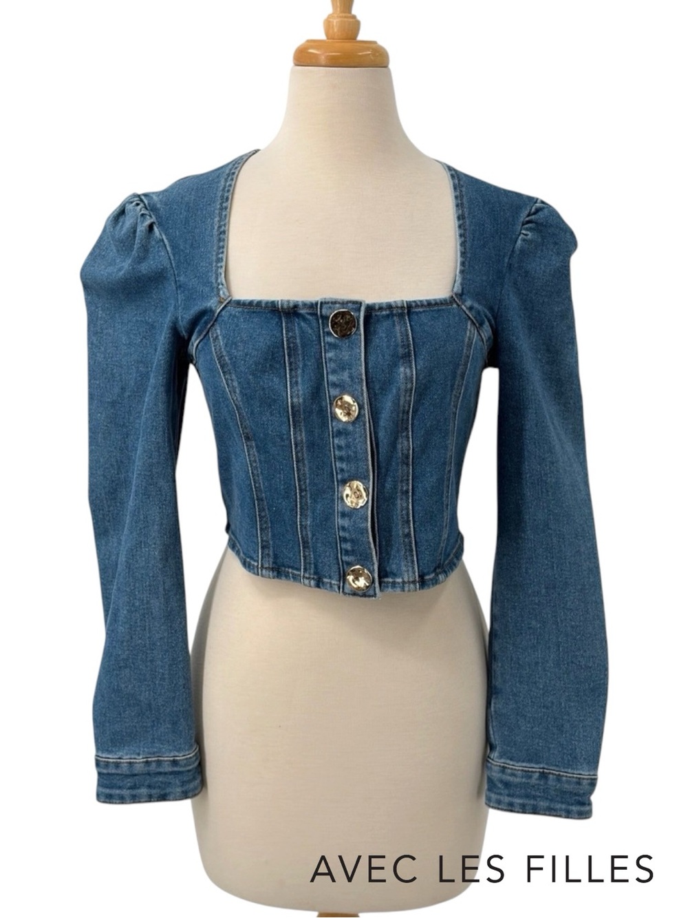 Avec Les Filles **NWT** Denim Puff Sleeve Square Neck Cropped Blue Jean Jacket - Picture 8 of 11
